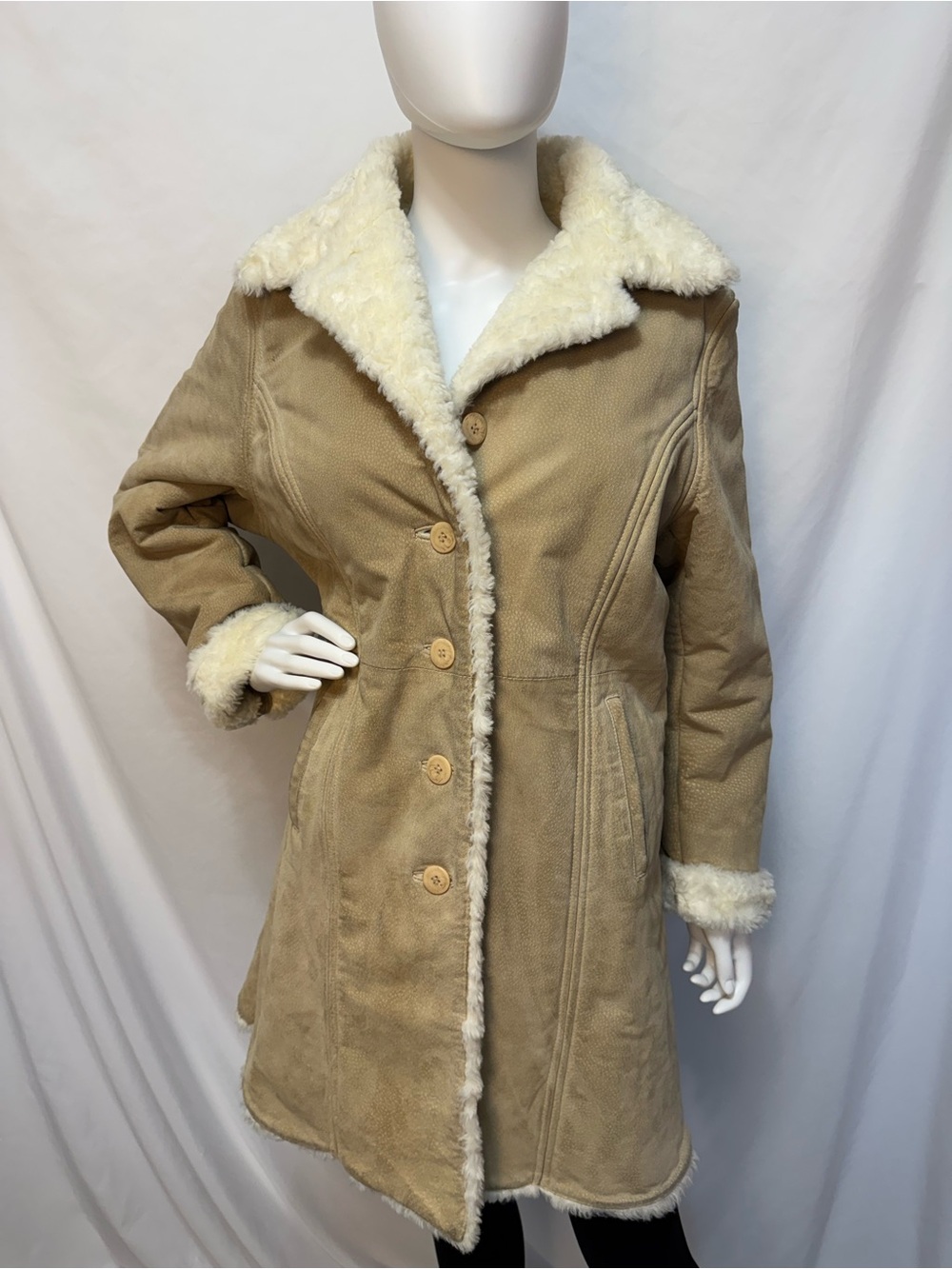 Steve Madden Vintage Tan Leather Faux Shearling Penny Lane Boho Mid Length Coat